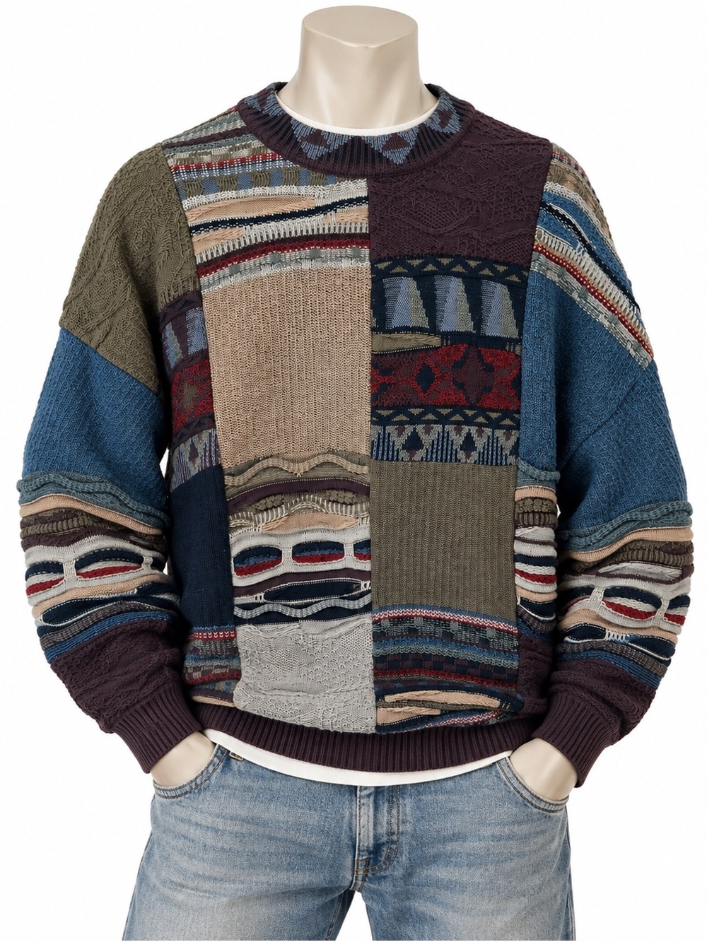 Vintage Patchwork Knit Wool Sweater Mens Large USA Made Grandpa St. Croix Large